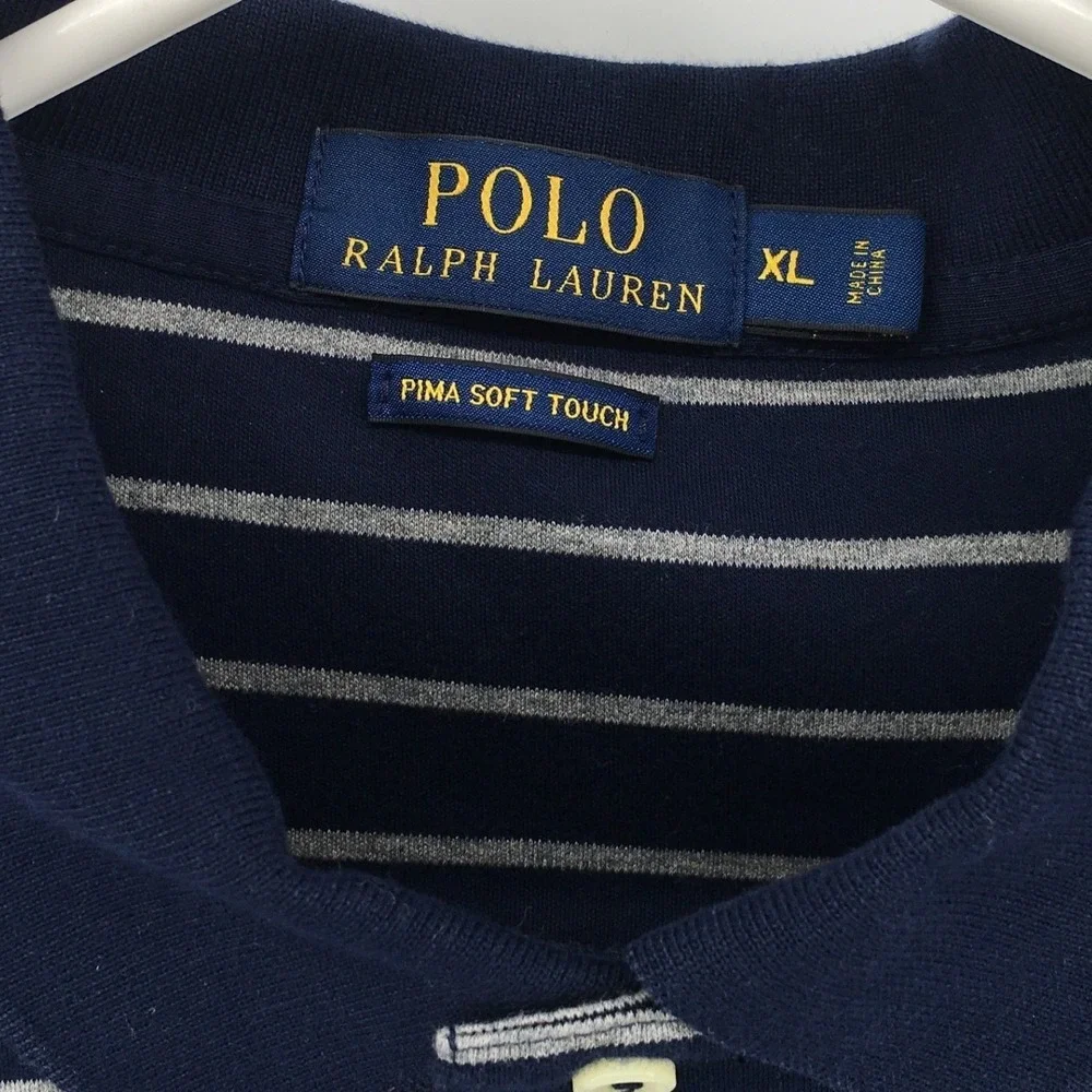 Polo Ralph Lauren Polo Shirt Mens XL Navy Gray Striped‎ Pima Soft Touch Cotton